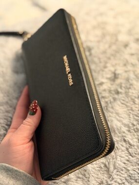 Michael Kors Black Textured Leather Zip Wristlet with Gold Hardware